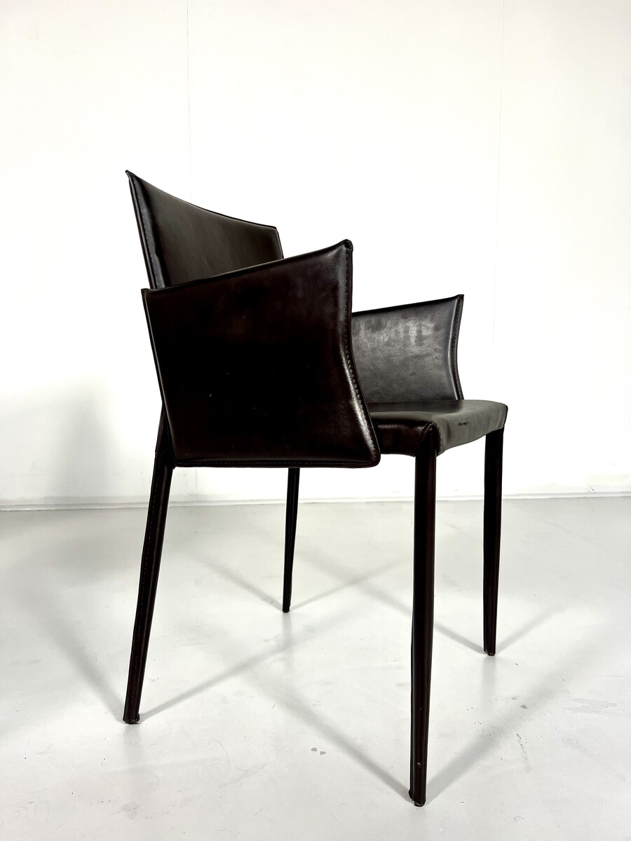 Set of 8 Brown Leather Chairs In The Style Of Mario Bellini, Italy, 1980s