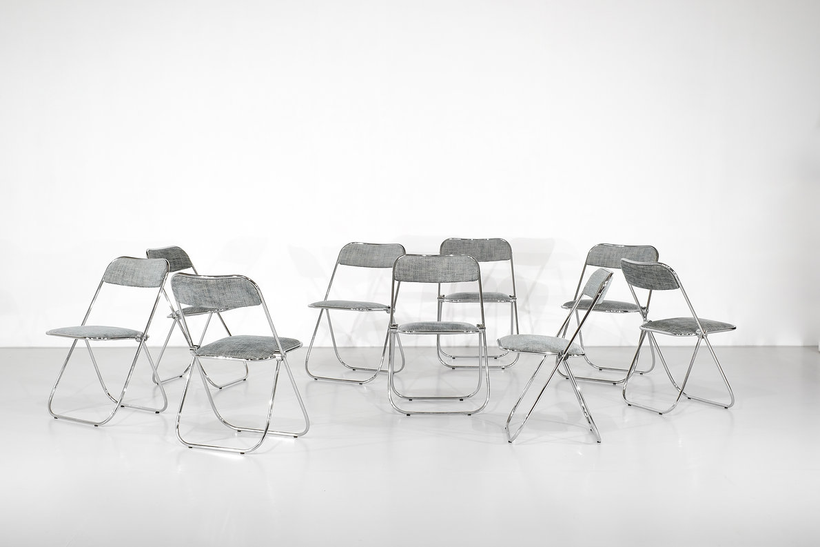 Set of 9 chrome folding chairs with fabric from the 1970s