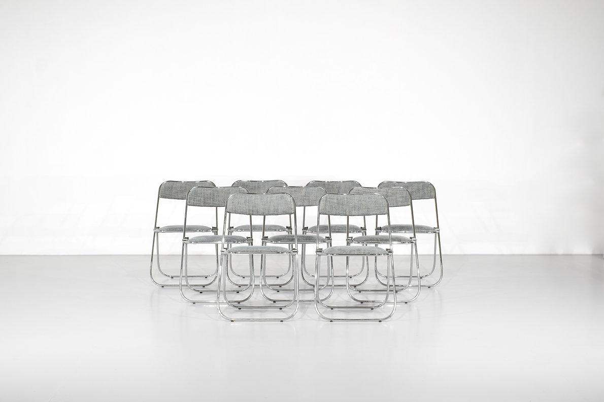 Set of 9 chrome folding chairs with fabric from the 1970s