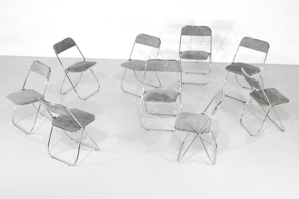 Set of 9 chrome folding chairs with fabric from the 1970s