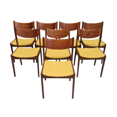 Set of eight Scandinavian chairs in teak and fabric, reupholstered, perfect condition. Denmark 80s