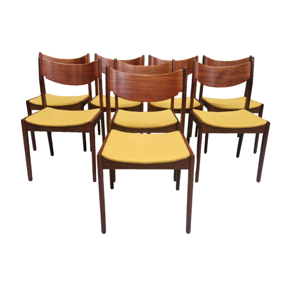 Set of eight Scandinavian chairs in teak and fabric, reupholstered, perfect condition. Denmark 80s