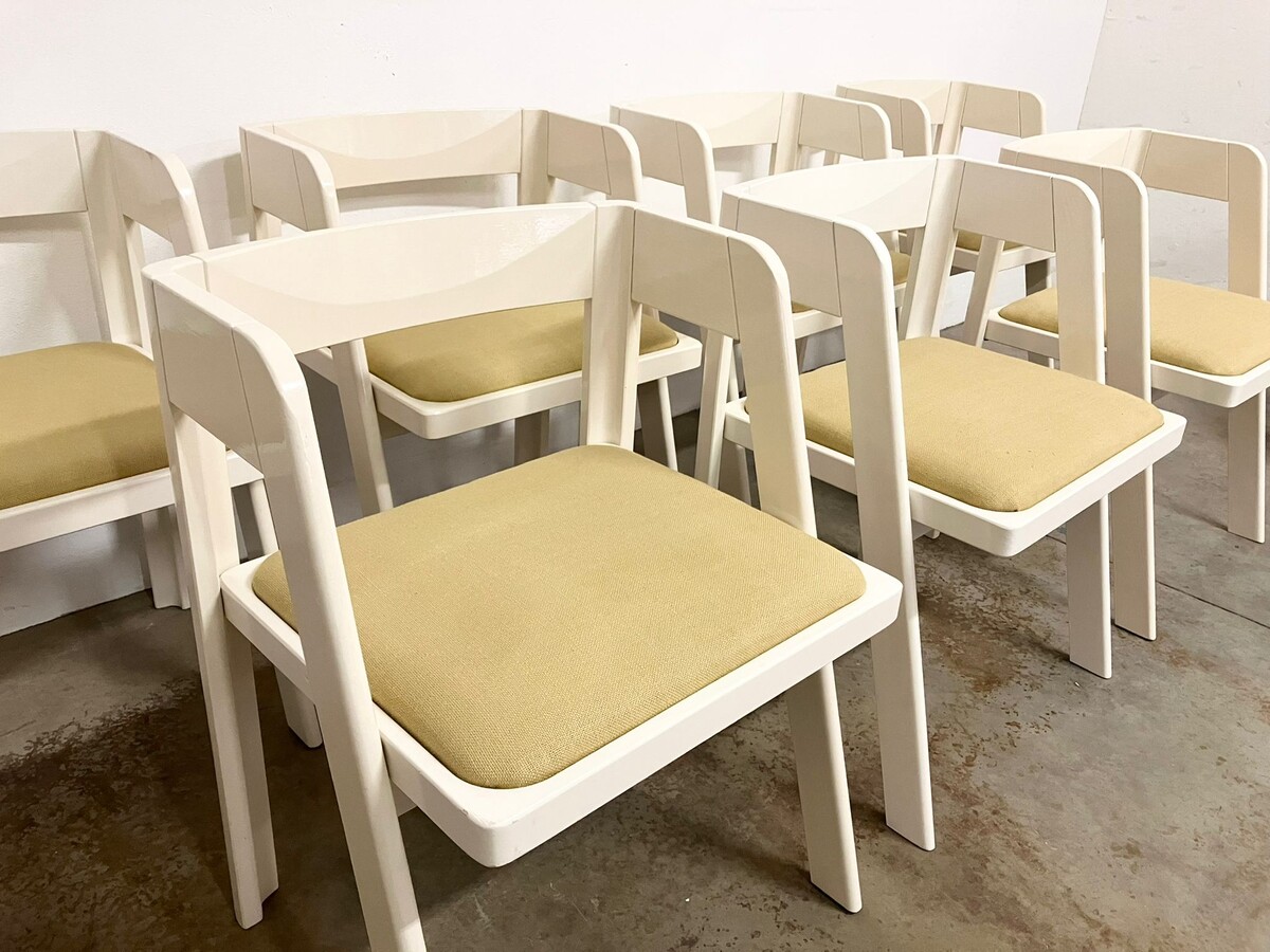 Set of eight white lacquered wood Programme C dining chairs by Tito Agnoli for Citterio, Italy, 1970s