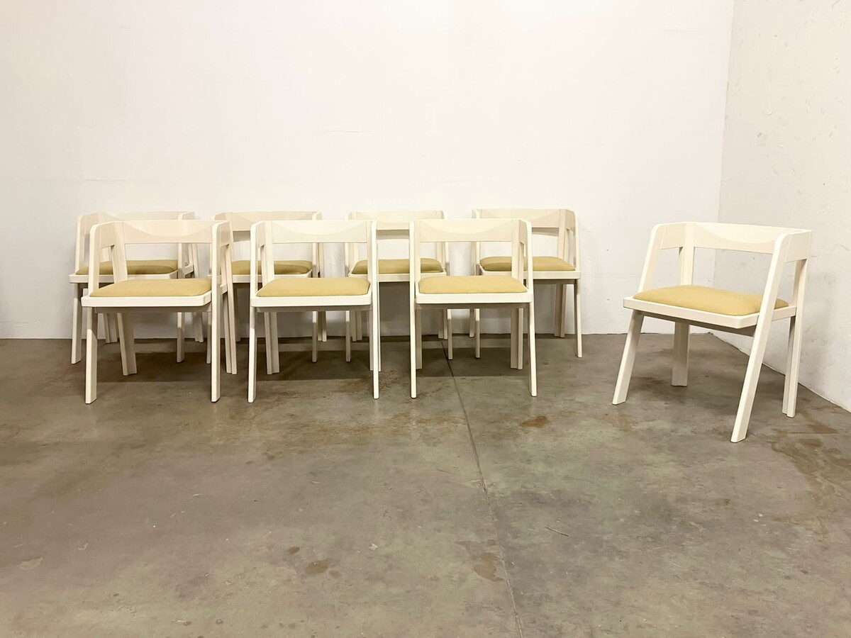 Set of eight white lacquered wood Programme C dining chairs by Tito Agnoli for Citterio, Italy, 1970s