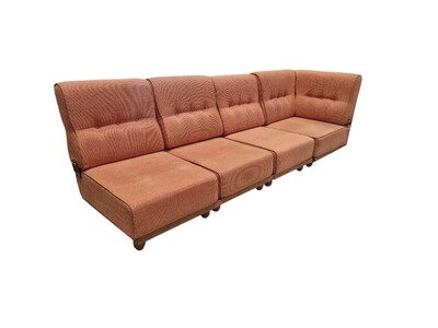 Set of four Elmyre armless chairs, including one corner unit, in light oak.