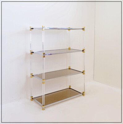 Shelf in plexiglass, smoked glass and brass, Charles Hollis Jones style, 1970's