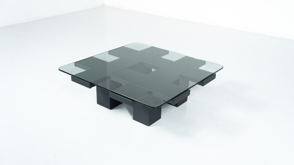 Square Coffee Table, Wood and Glass, Italy, 1960s