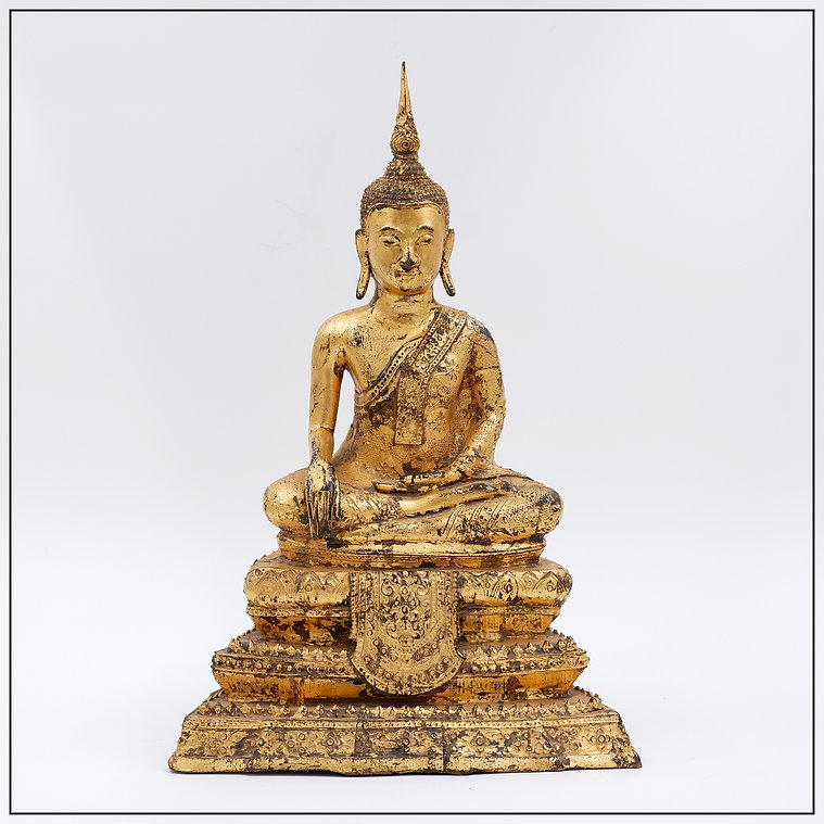 Thai Gilt Bronze Seated Earth Touching Buddha Figure, Late 19th Century