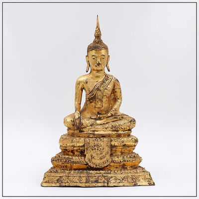 Thai Gilt Bronze Seated Earth Touching Buddha Figure, Late 19th Century