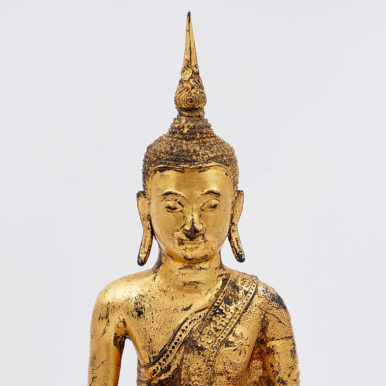 Thai Gilt Bronze Seated Earth Touching Buddha Figure, Late 19th Century