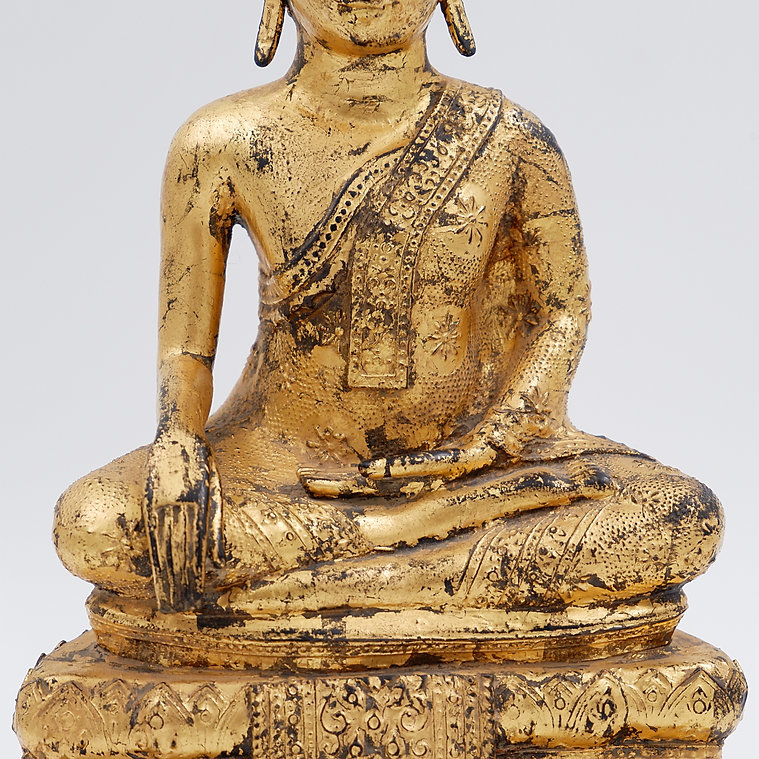 Thai Gilt Bronze Seated Earth Touching Buddha Figure, Late 19th Century