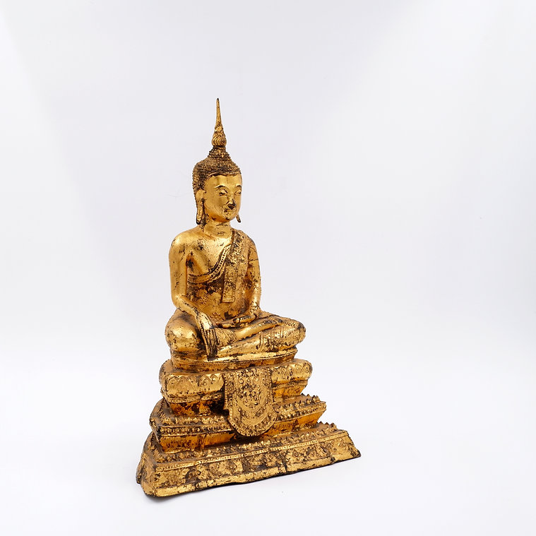 Thai Gilt Bronze Seated Earth Touching Buddha Figure, Late 19th Century