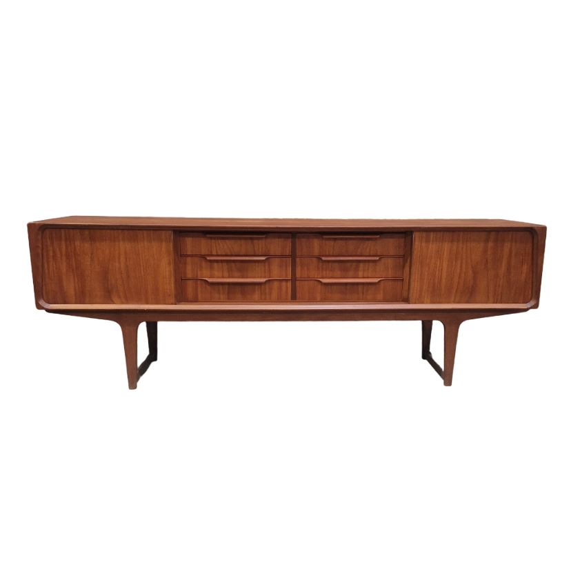 Very low teak vintage danish sideboard, ideal flat screen cabinet, 2 sliding doors, 6 drawers