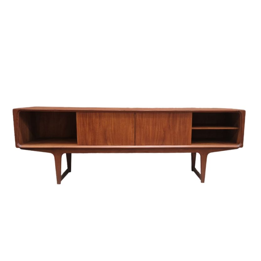 Very low teak vintage danish sideboard, ideal flat screen cabinet, 2 sliding doors, 6 drawers