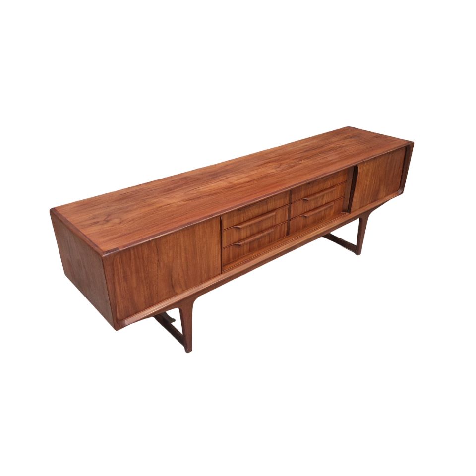 Very low teak vintage danish sideboard, ideal flat screen cabinet, 2 sliding doors, 6 drawers