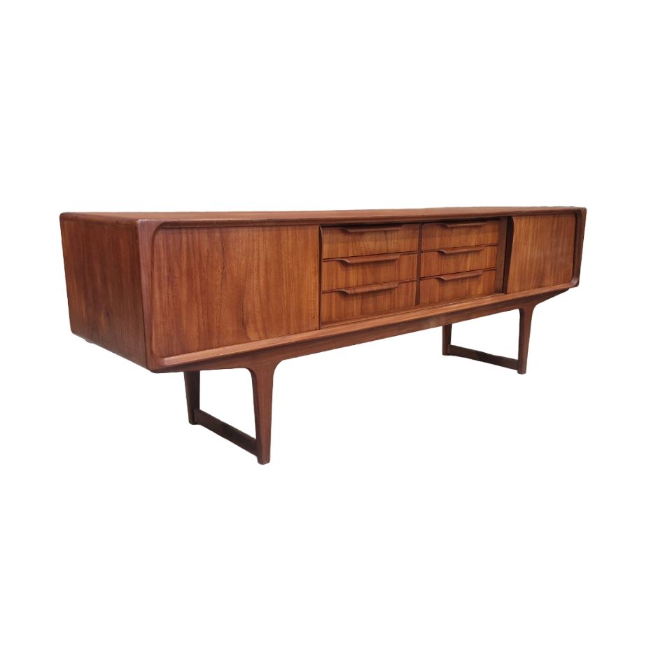 Very low teak vintage danish sideboard, ideal flat screen cabinet, 2 sliding doors, 6 drawers