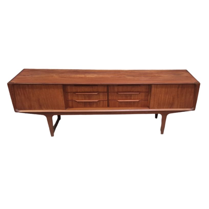 Very low teak vintage danish sideboard, ideal flat screen cabinet, 2 sliding doors, 6 drawers