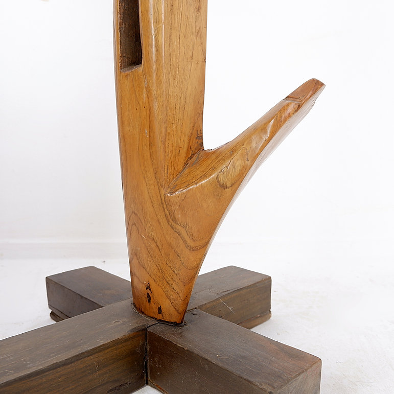 Vintage Brutalist wood standing coat rack