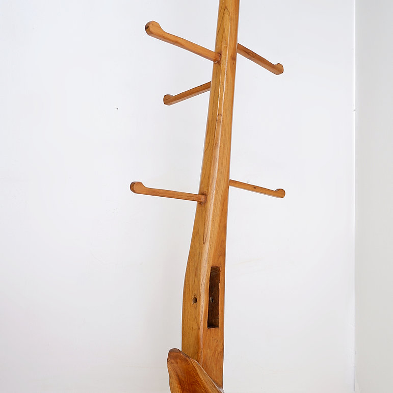 Vintage Brutalist wood standing coat rack