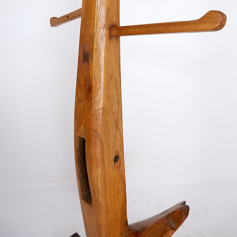 Vintage Brutalist wood standing coat rack