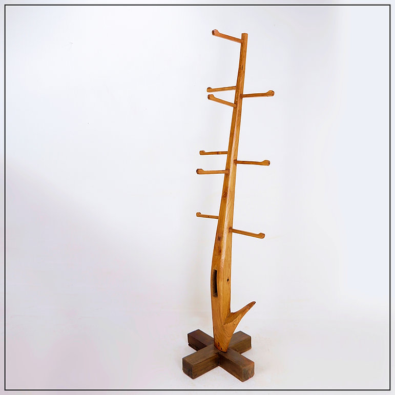 Vintage Brutalist wood standing coat rack