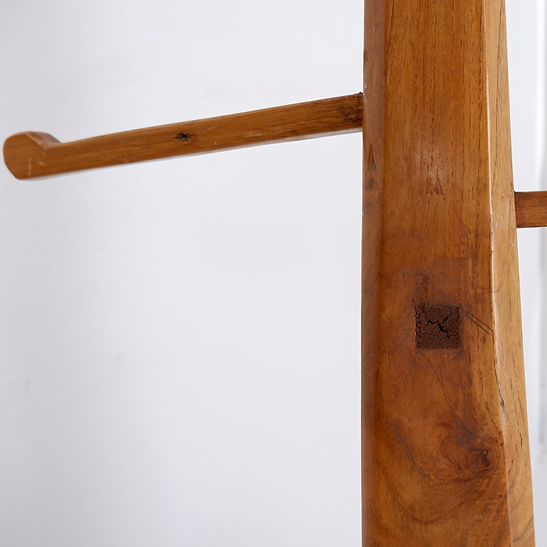 Vintage Brutalist wood standing coat rack