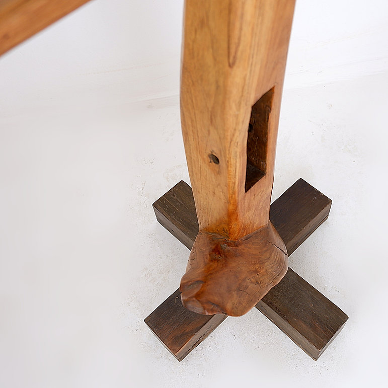 Vintage Brutalist wood standing coat rack