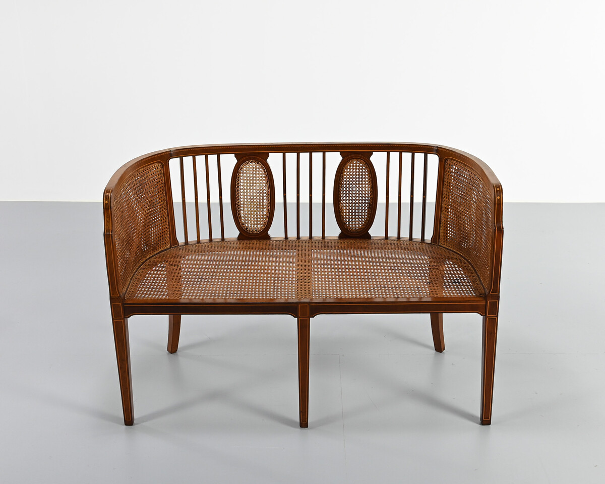 vintage caned basket-style bench, france, 1950s
