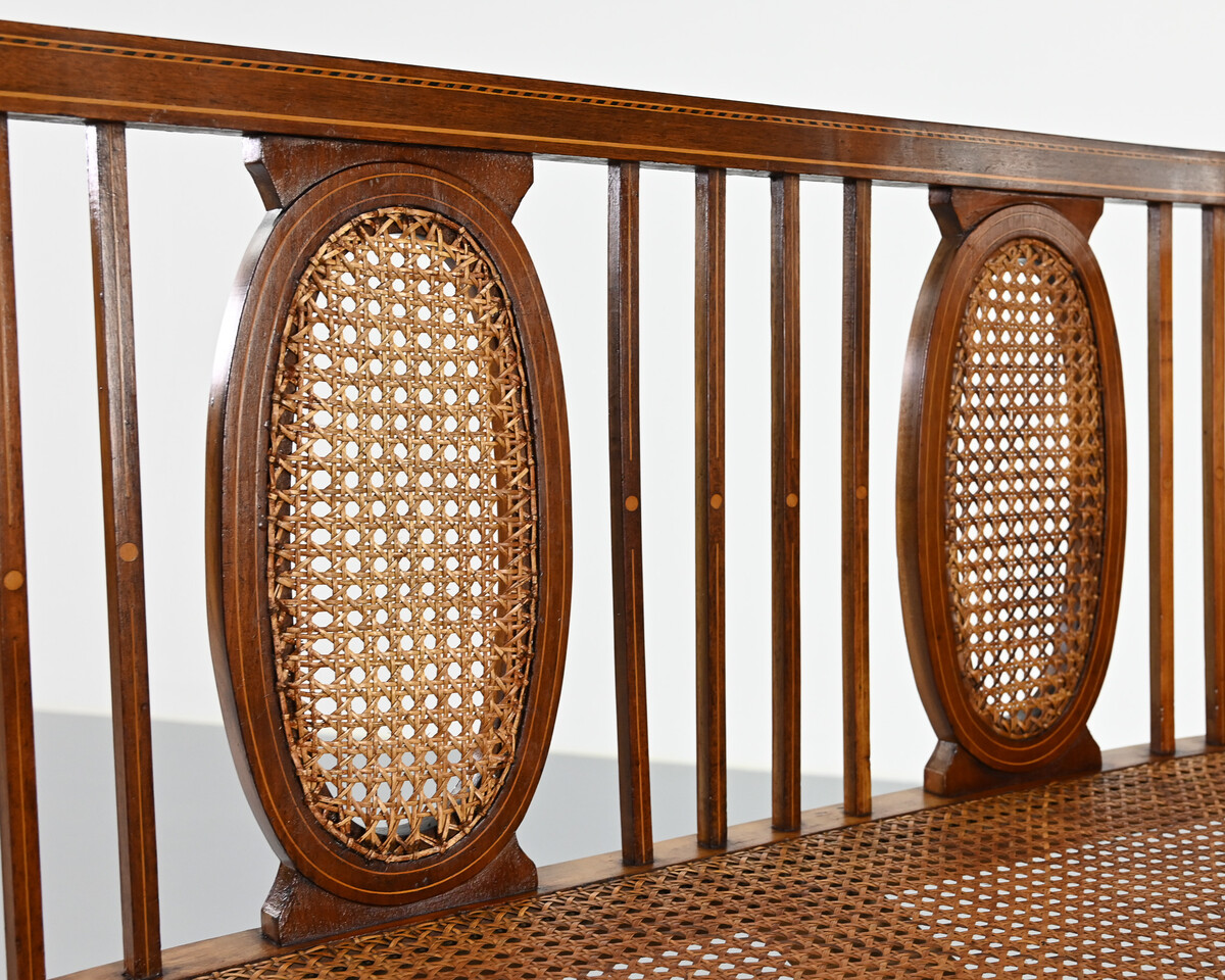 vintage caned basket-style bench, france, 1950s