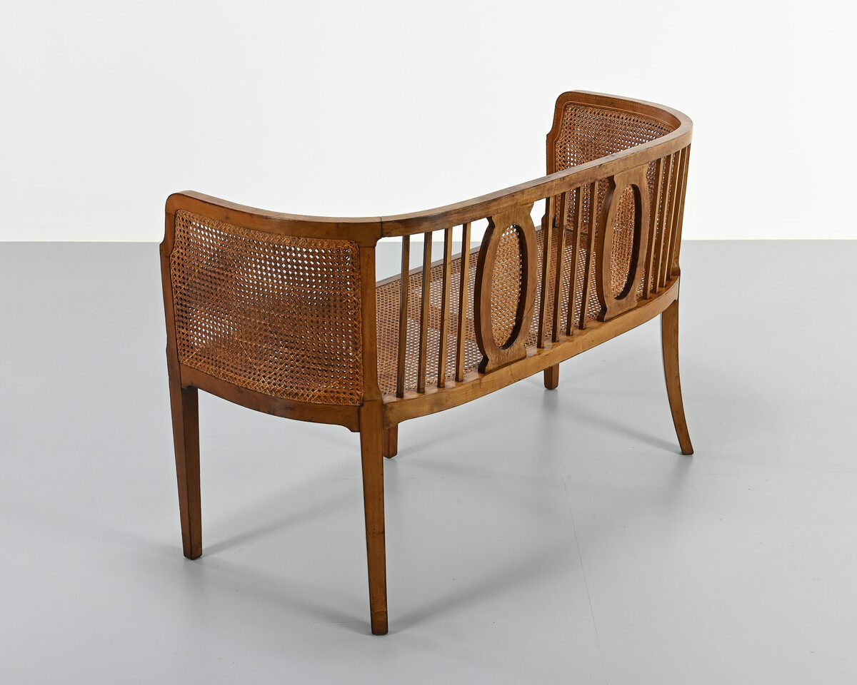 vintage caned basket-style bench, france, 1950s
