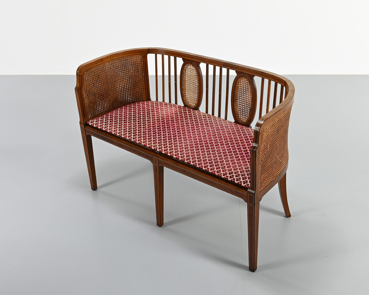 vintage caned basket-style bench, france, 1950s