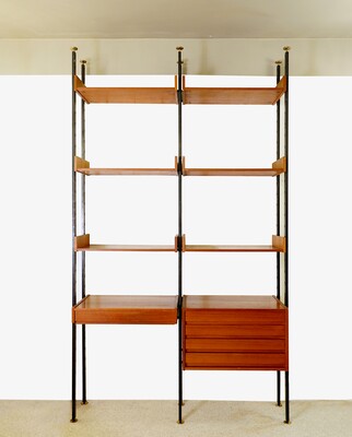 Vintage ceiling to floor bookcase in laminate teak and metal, 1960s