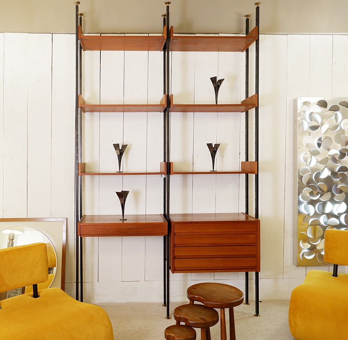 Vintage ceiling to floor bookcase in laminate teak and metal, 1960s