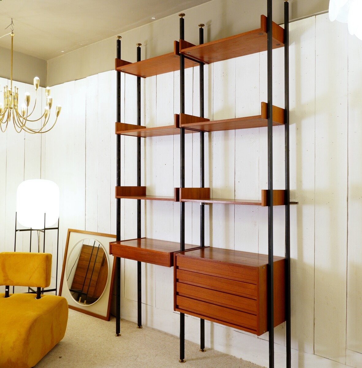 Vintage ceiling to floor bookcase in laminate teak and metal, 1960s