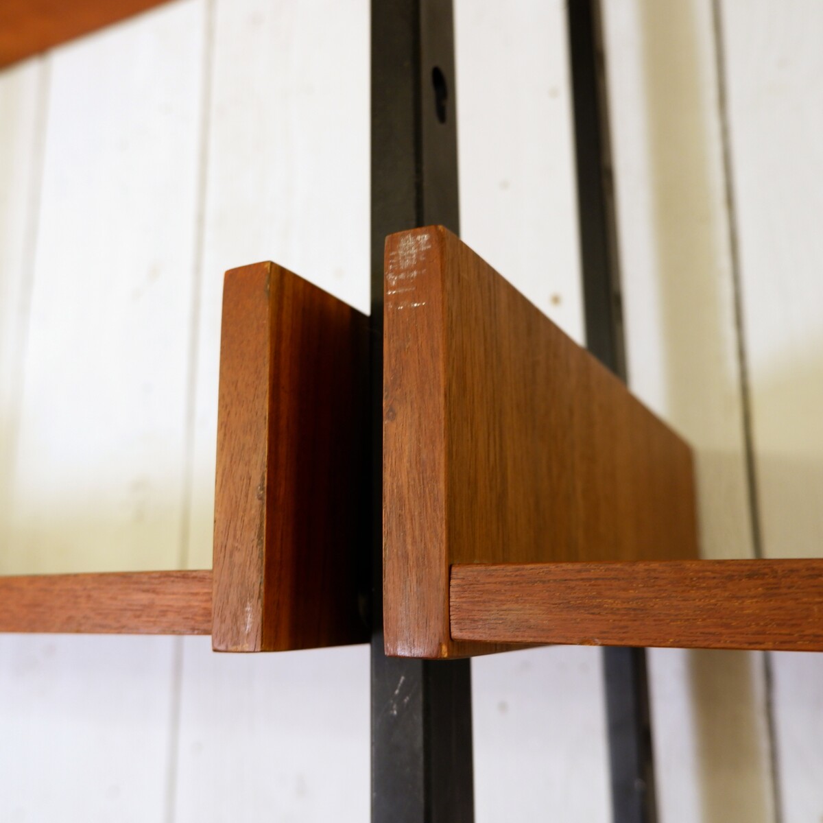 Vintage ceiling to floor bookcase in laminate teak and metal, 1960s