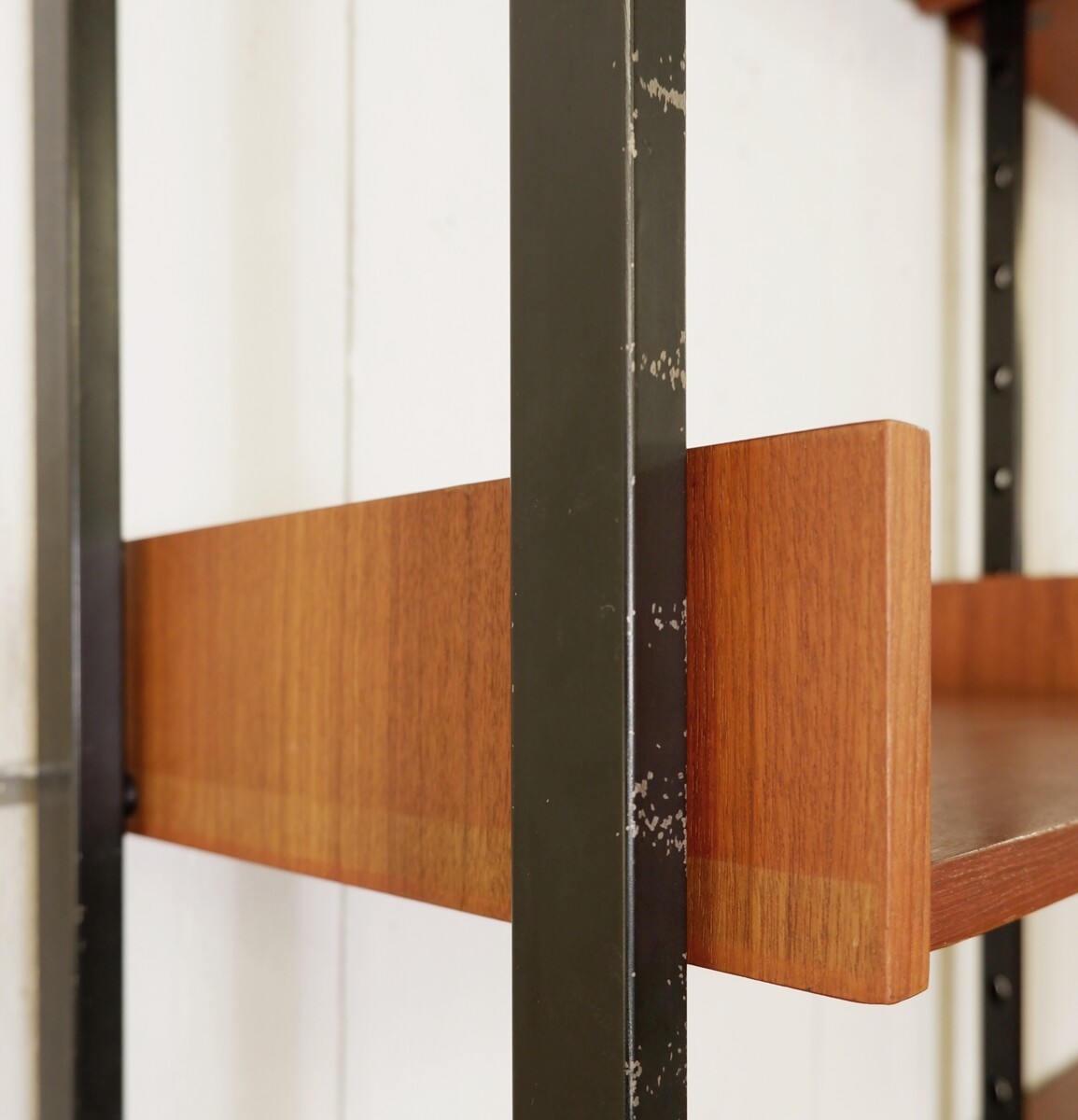 Vintage ceiling to floor bookcase in laminate teak and metal, 1960s
