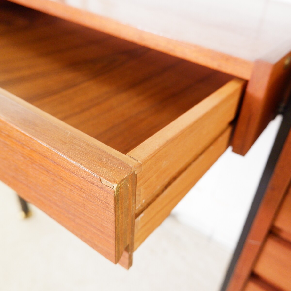 Vintage ceiling to floor bookcase in laminate teak and metal, 1960s