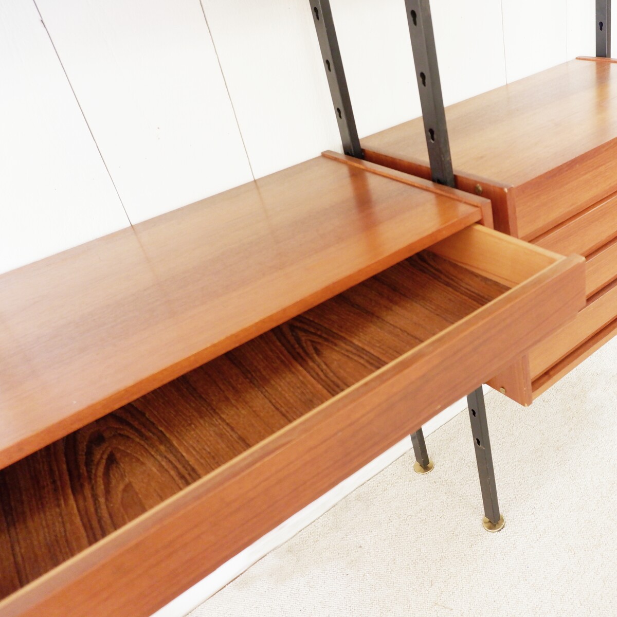 Vintage ceiling to floor bookcase in laminate teak and metal, 1960s