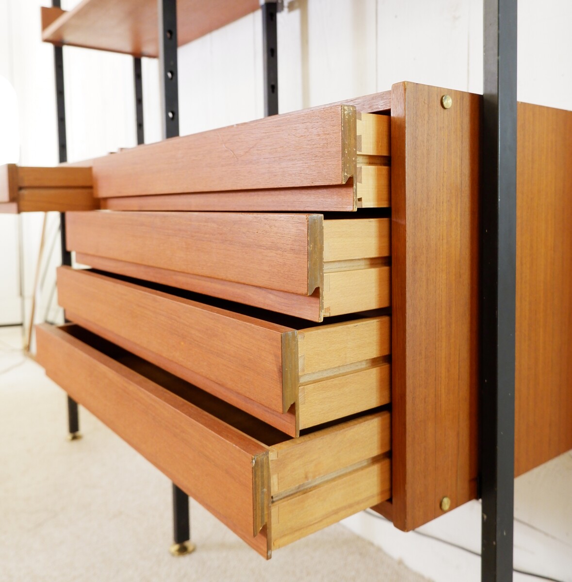 Vintage ceiling to floor bookcase in laminate teak and metal, 1960s