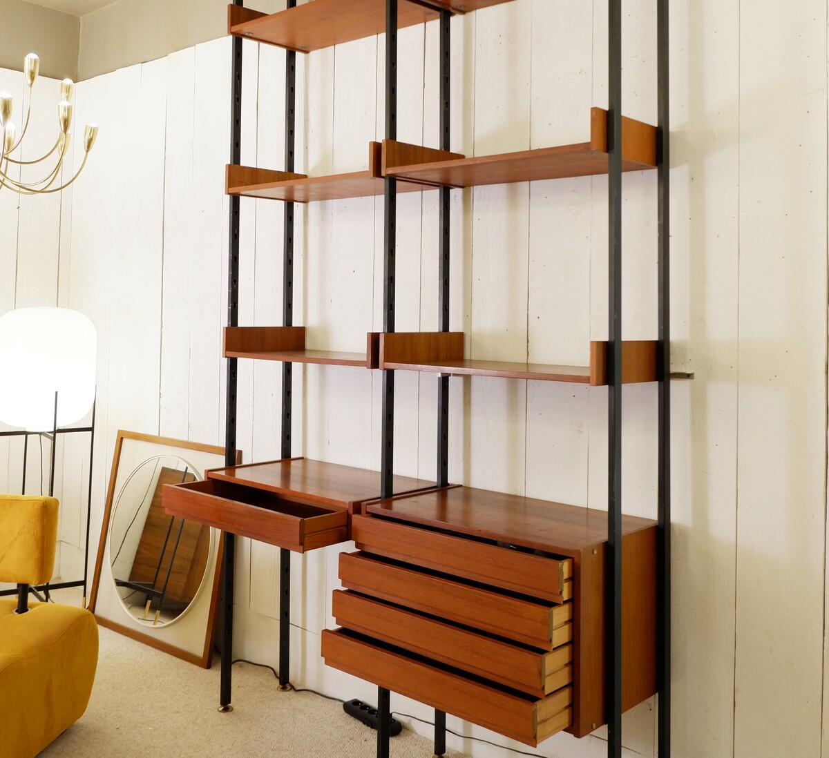 Vintage ceiling to floor bookcase in laminate teak and metal, 1960s