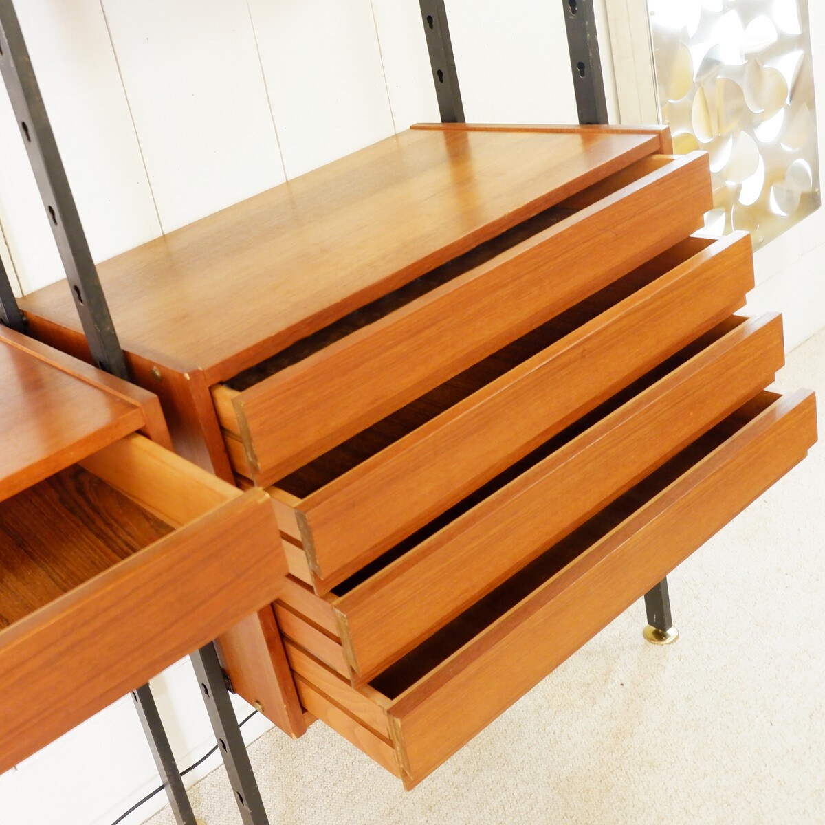Vintage ceiling to floor bookcase in laminate teak and metal, 1960s