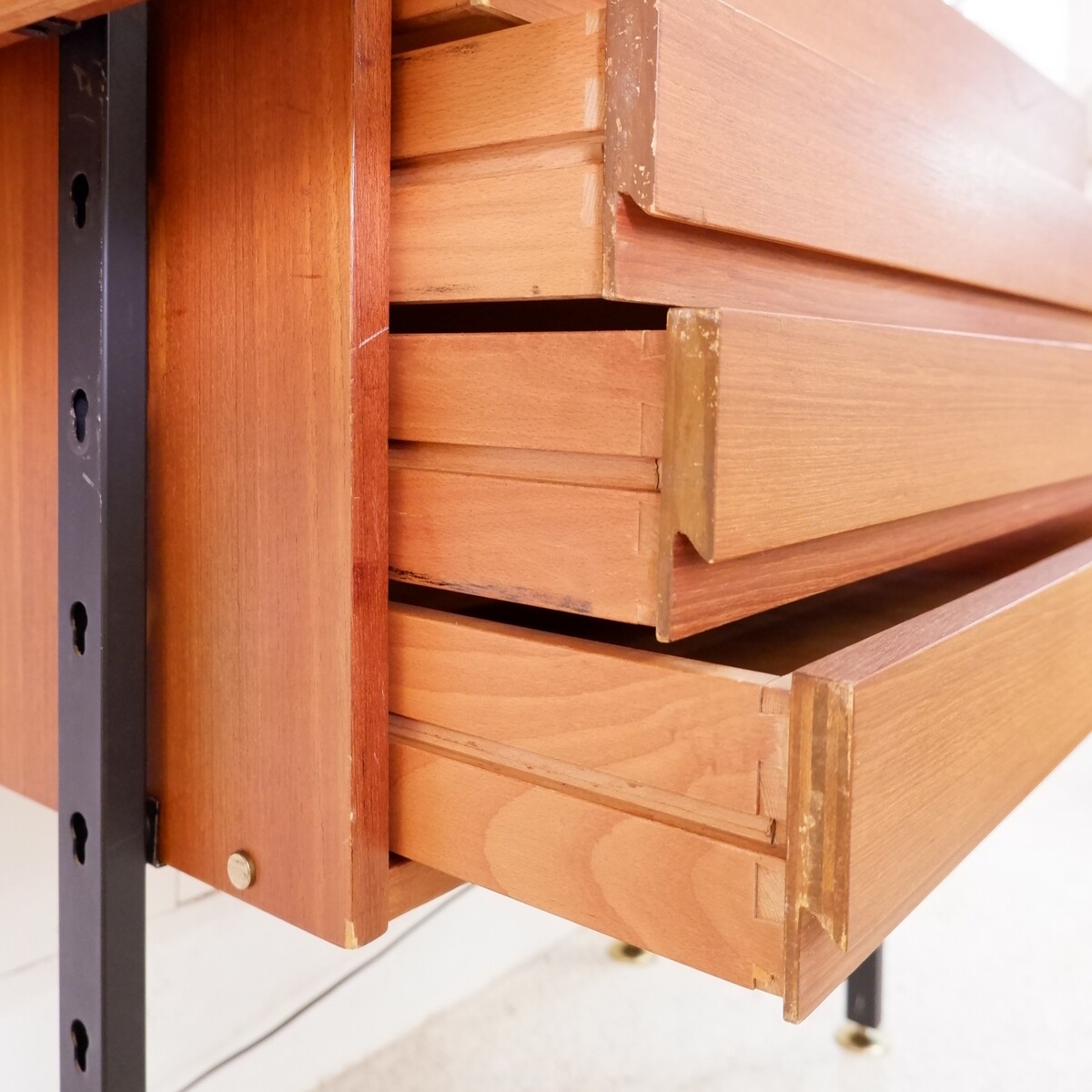 Vintage ceiling to floor bookcase in laminate teak and metal, 1960s