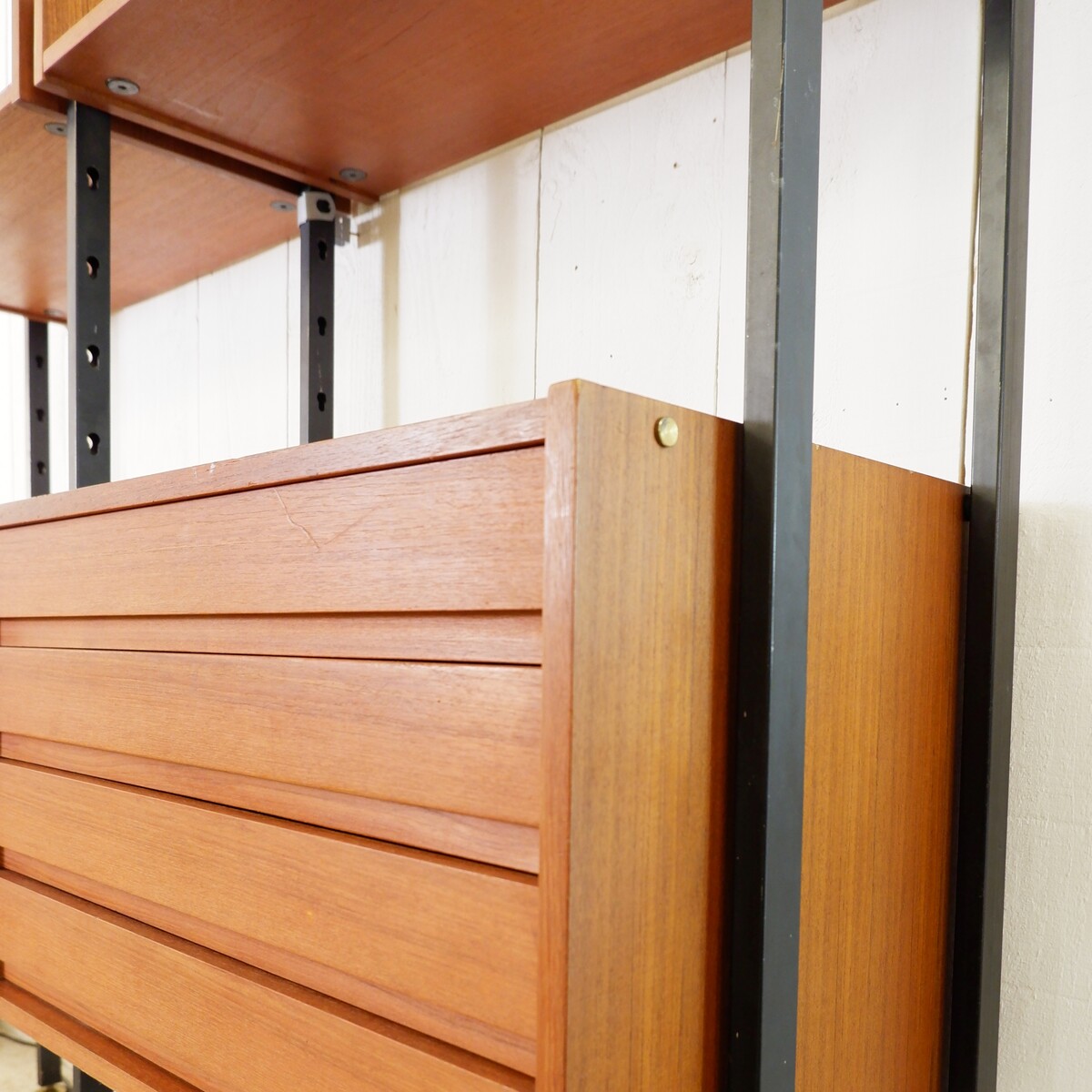 Vintage ceiling to floor bookcase in laminate teak and metal, 1960s