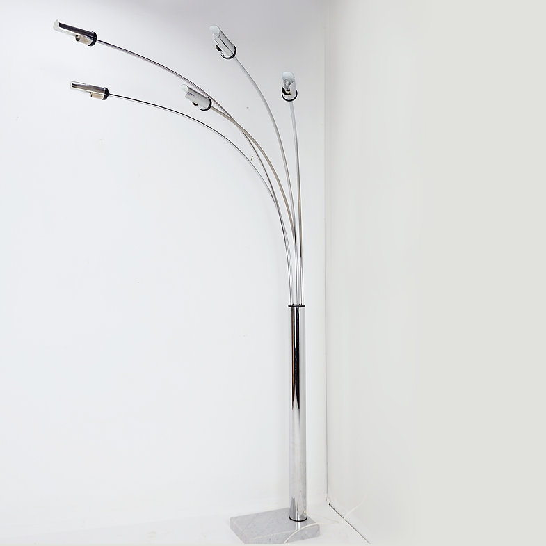 Vintage Chrome 5 arms floor lamp on marble base, Italy, 1970's