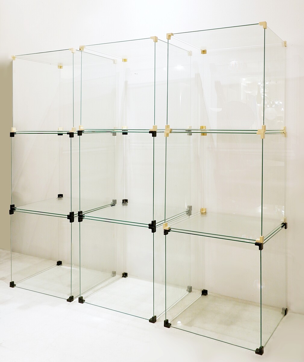 Vintage modular shelving unit composed of 9 glass cubes 41x41x41