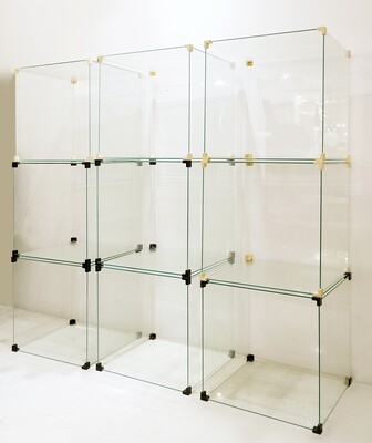 Vintage modular shelving unit composed of 9 glass cubes 41x41x41
