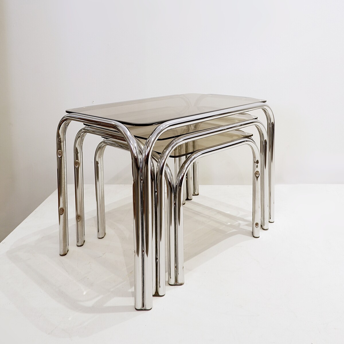 Vintage Nesting Tables in Chrome and Smoked Glass - 1970s