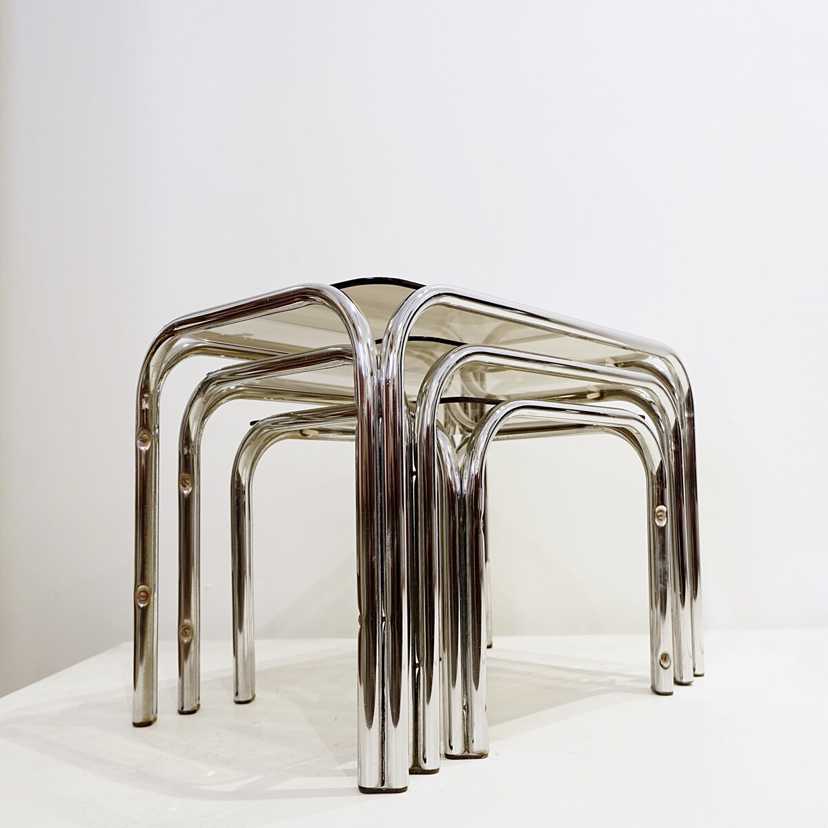 Vintage Nesting Tables in Chrome and Smoked Glass - 1970s