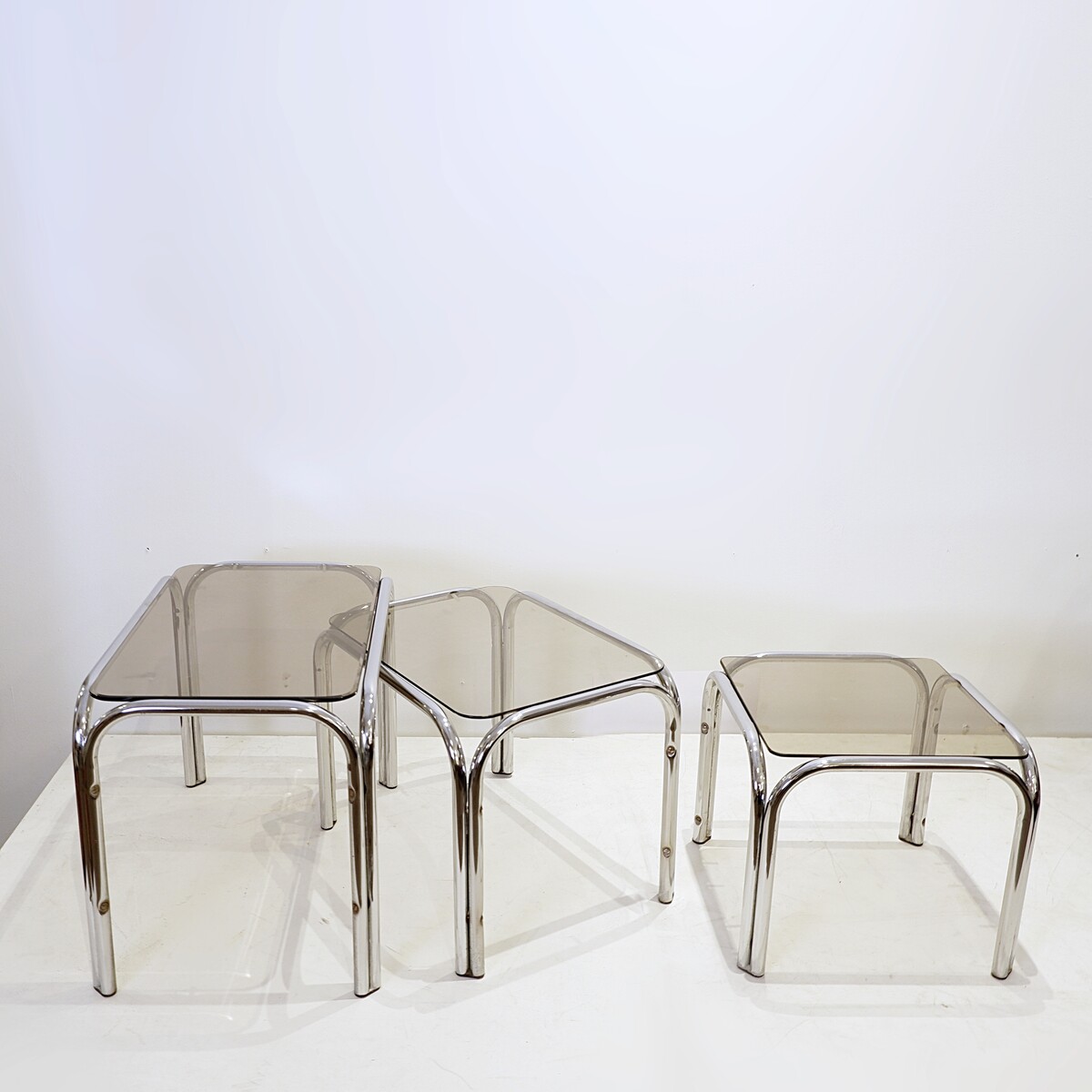 Vintage Nesting Tables in Chrome and Smoked Glass - 1970s
