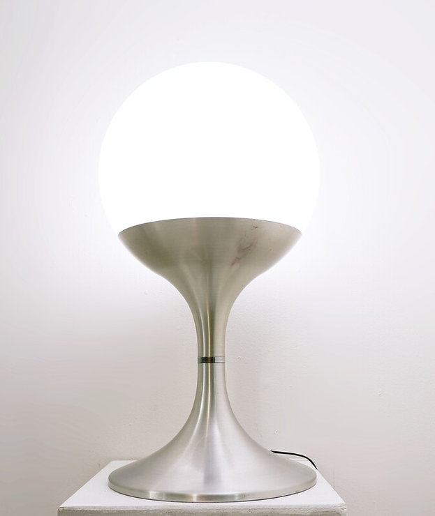 Wear consistent with age and use.  Glass opaline and Brushed aluminum Floor/table lamp